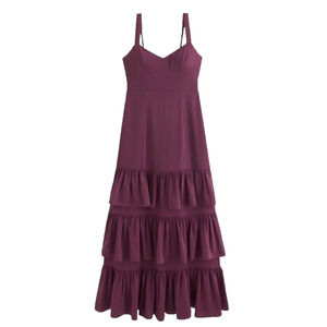 Abercrombie & Fitch Drama Ruffle Tiered Royalcore Chiffon Maxi Dress Purple SM